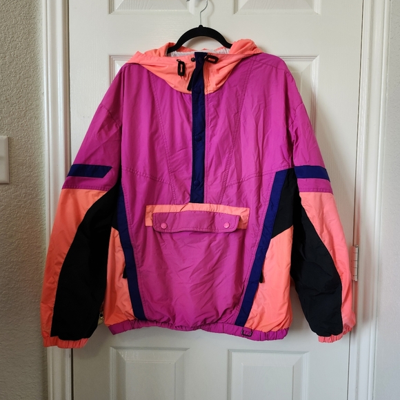 Obermeyer 80s Hot Pink Orange Colorblock Hooded Ski Winter Jacket Kangaroo L - Picture 1 of 12